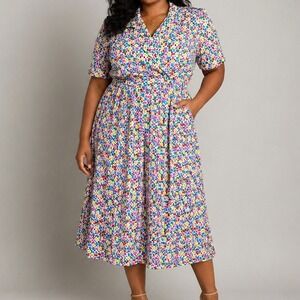 Vintage 80s Liz Roberts‎ Abstract Print Midi Dress Colorful Wrap Style 12